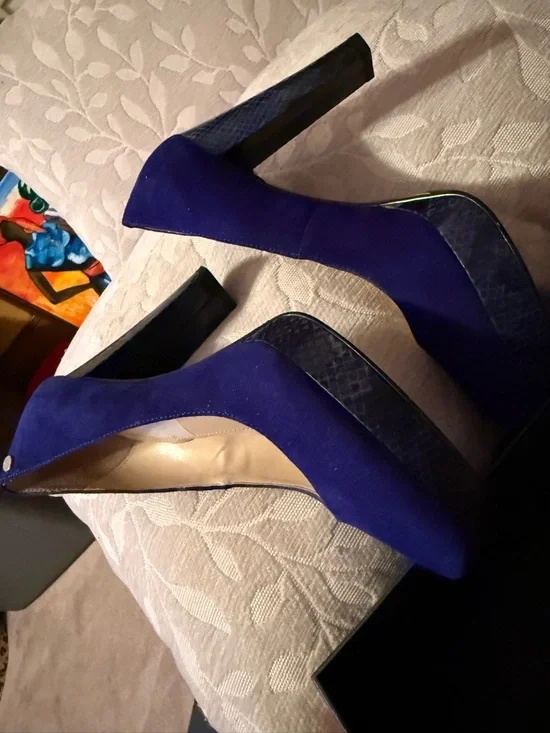 Calvin Klein Blue Suede High Heel Pumps with Textured Platform - Picture 15 of 16